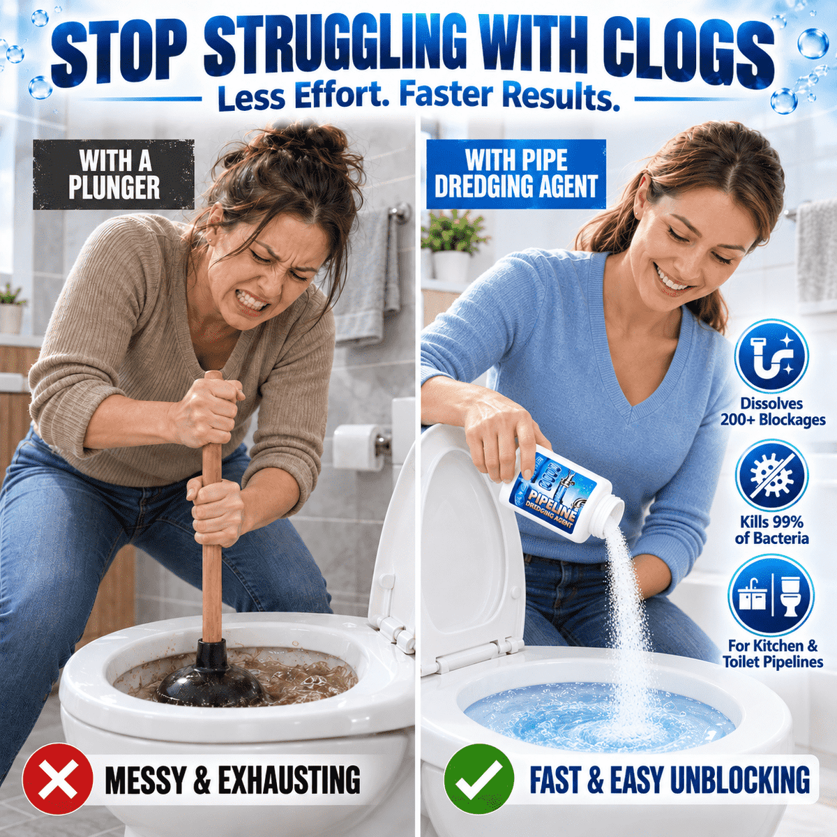 Powerful Pipe Dredging Agent for Kitchen and Toilet Pipelines - Dissolves 200+ Blockages and Kills 99% of Bacteria
