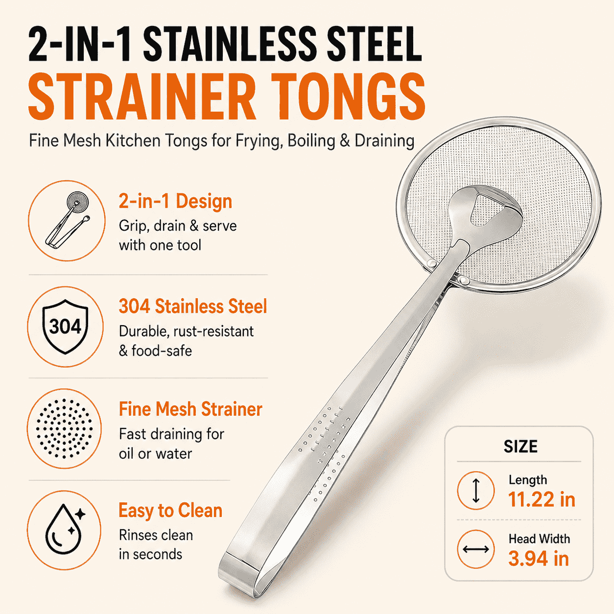 2-in-1 Stainless Steel Strainer Tongs – Fine Mesh Kitchen Tongs for Frying, Boiling & Draining✨✨
