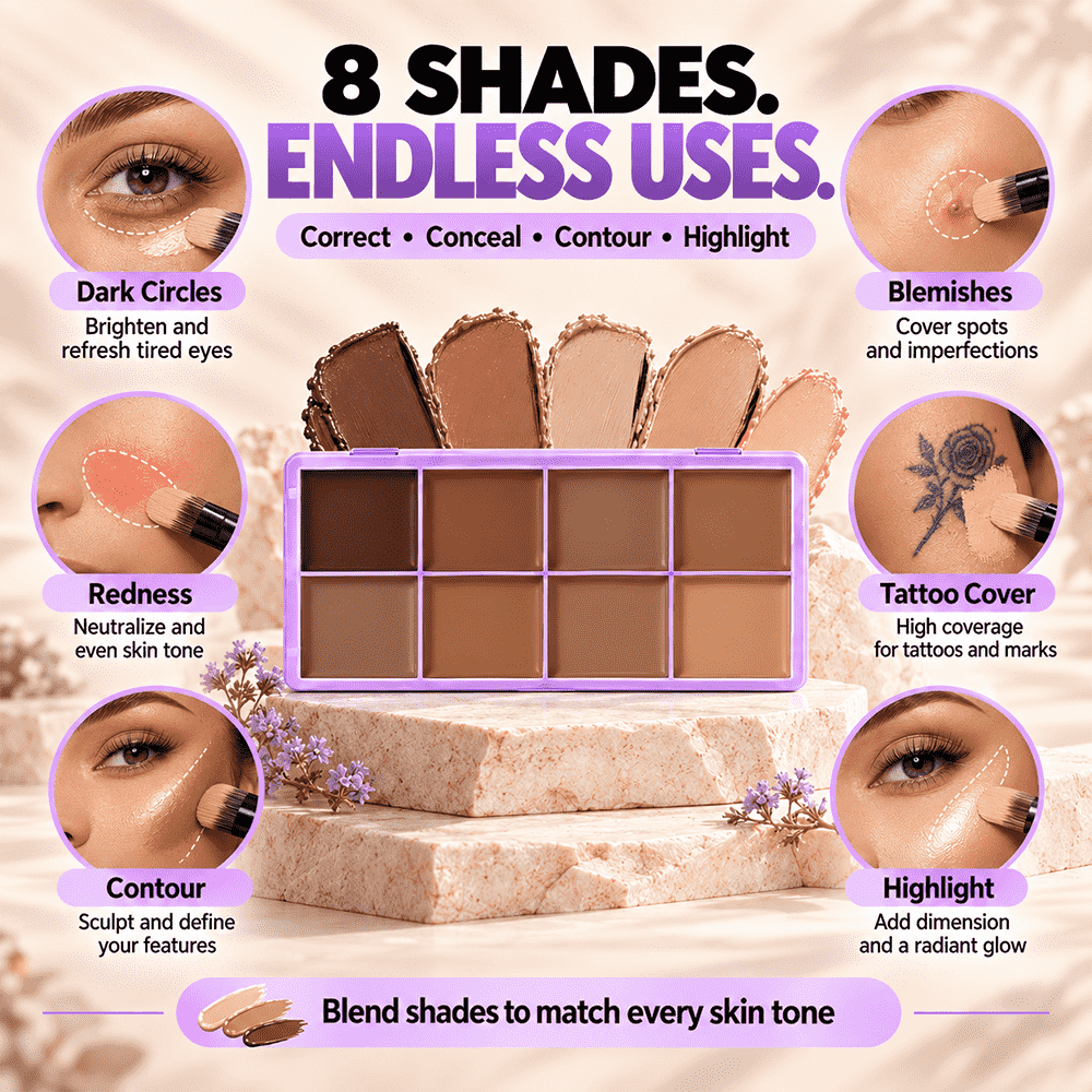 🎨 8-Color Matte Concealer Palette – Waterproof, Full-Coverage for Correction, Contour & Tattoo Cover ✨