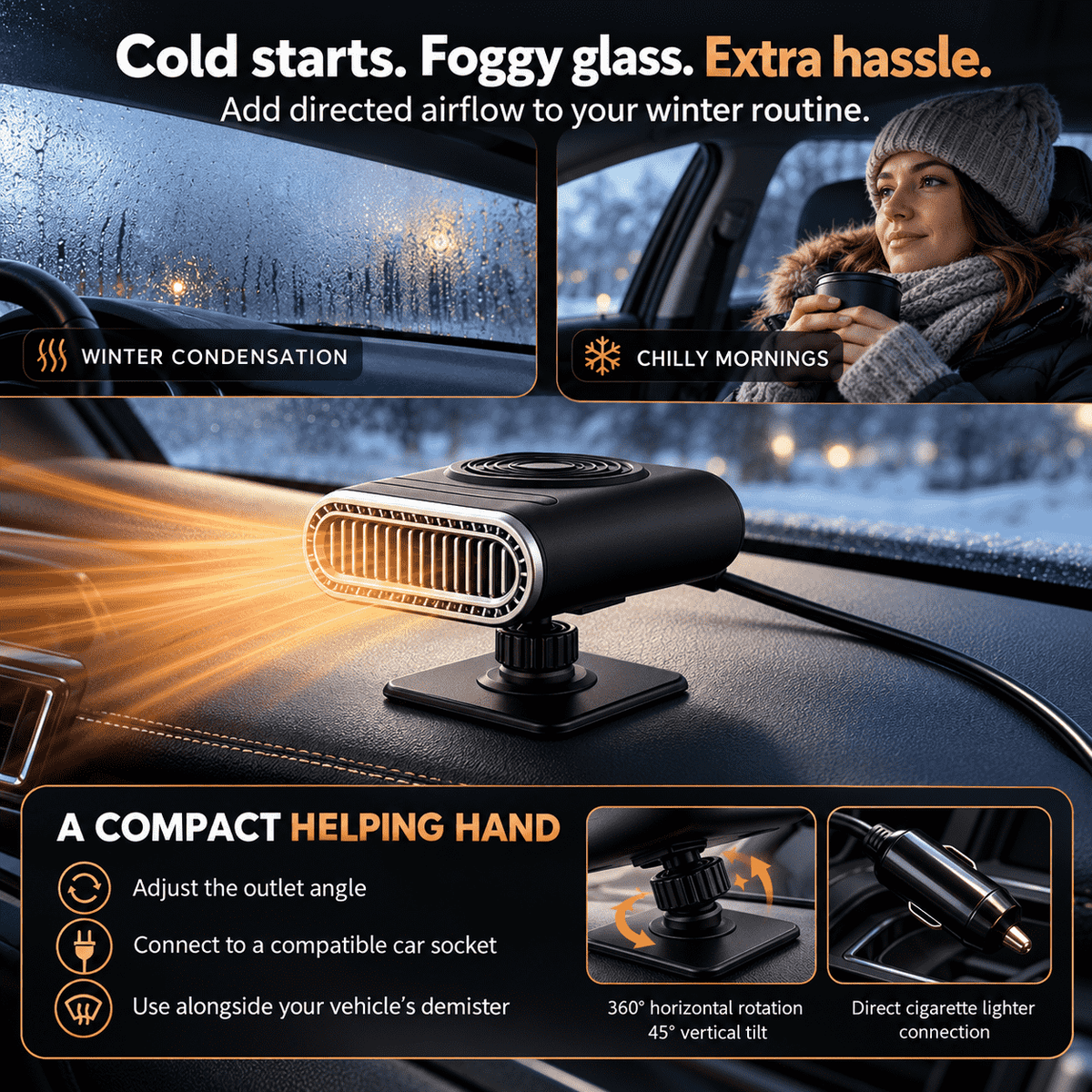 Portable Car Heater – Fast Windshield Defrost & Defog ✨
