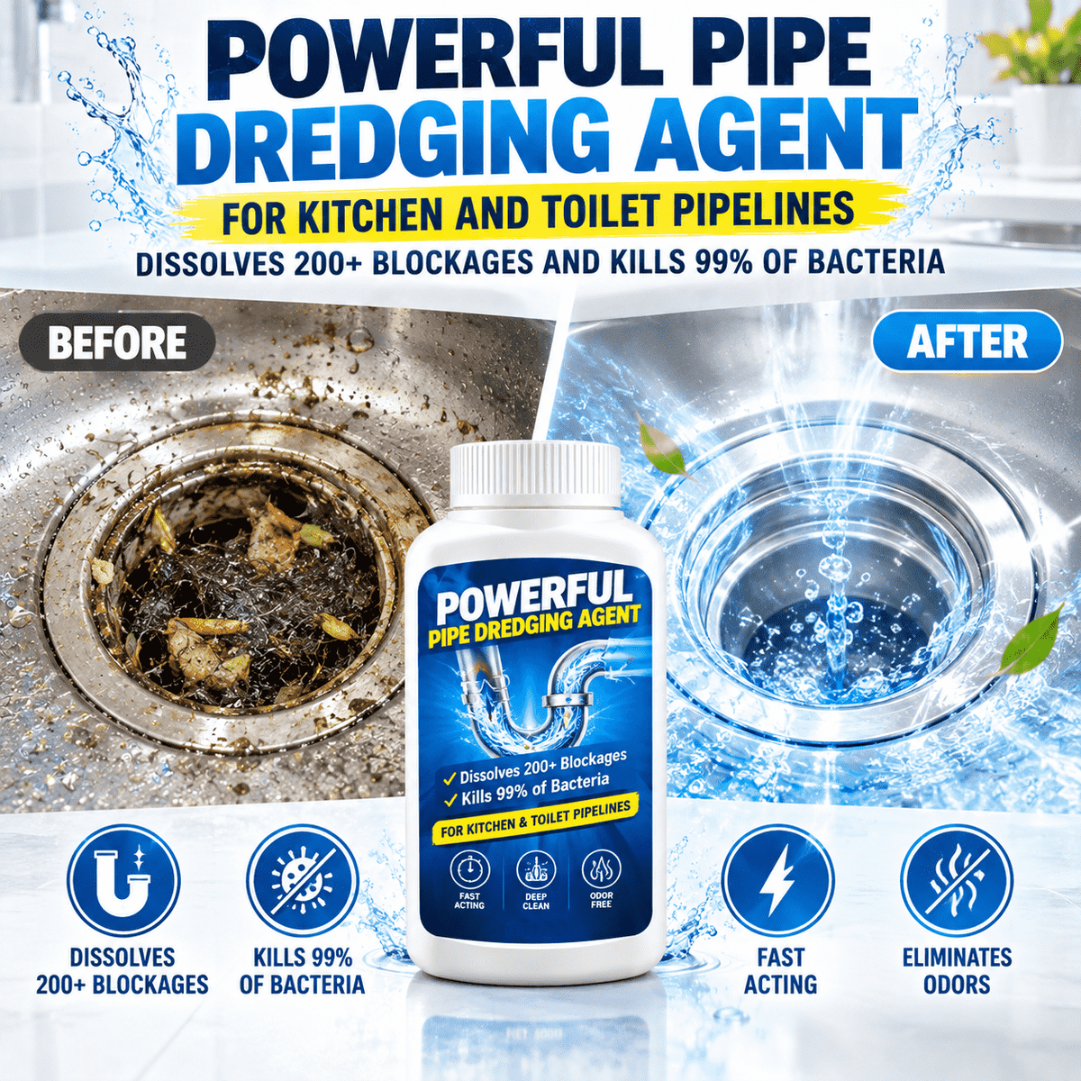 Powerful Pipe Dredging Agent for Kitchen and Toilet Pipelines - Dissolves 200+ Blockages and Kills 99% of Bacteria
