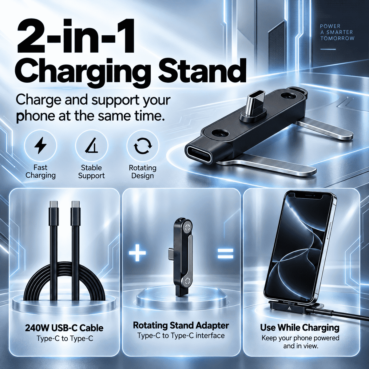 ⚡ 240W 2-in-1 USB-C Fast Charging Cable with Rotating Phone Stand