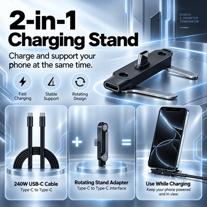 ⚡ 240W 2-in-1 USB-C Fast Charging Cable with Rotating Phone Stand