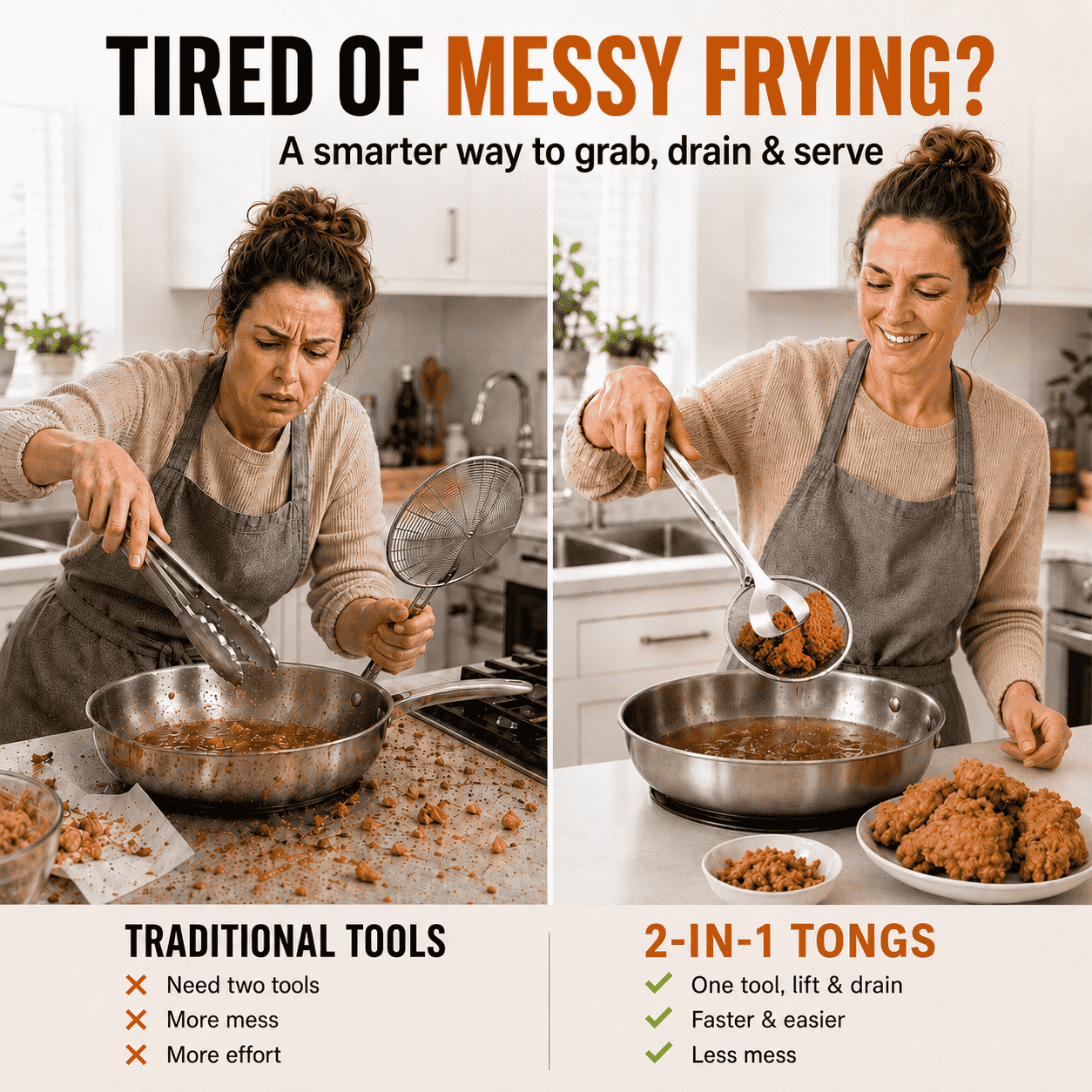 2-in-1 Stainless Steel Strainer Tongs – Fine Mesh Kitchen Tongs for Frying, Boiling & Draining✨✨