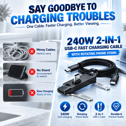 ⚡ 240W 2-in-1 USB-C Fast Charging Cable with Rotating Phone Stand