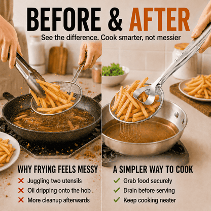 2-in-1 Stainless Steel Strainer Tongs – Fine Mesh Kitchen Tongs for Frying, Boiling & Draining✨✨