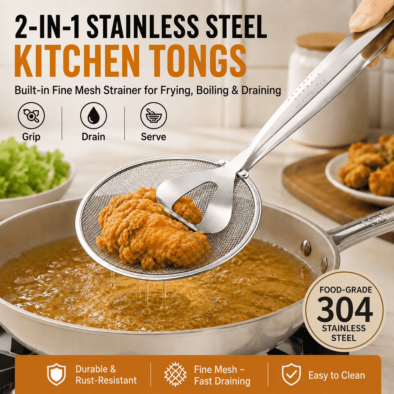 2-in-1 Stainless Steel Strainer Tongs – Fine Mesh Kitchen Tongs for Frying, Boiling & Draining✨✨