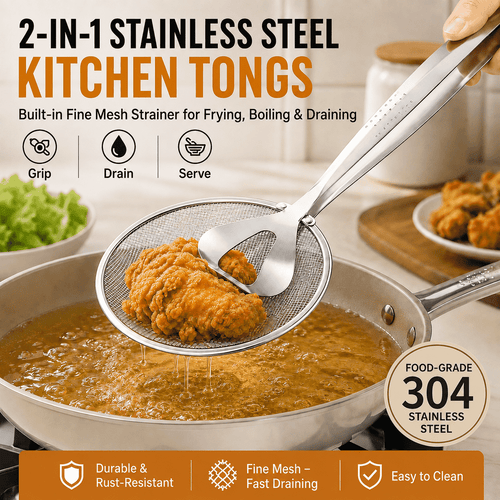2-in-1 Stainless Steel Strainer Tongs – Fine Mesh Kitchen Tongs for Frying, Boiling & Draining✨✨