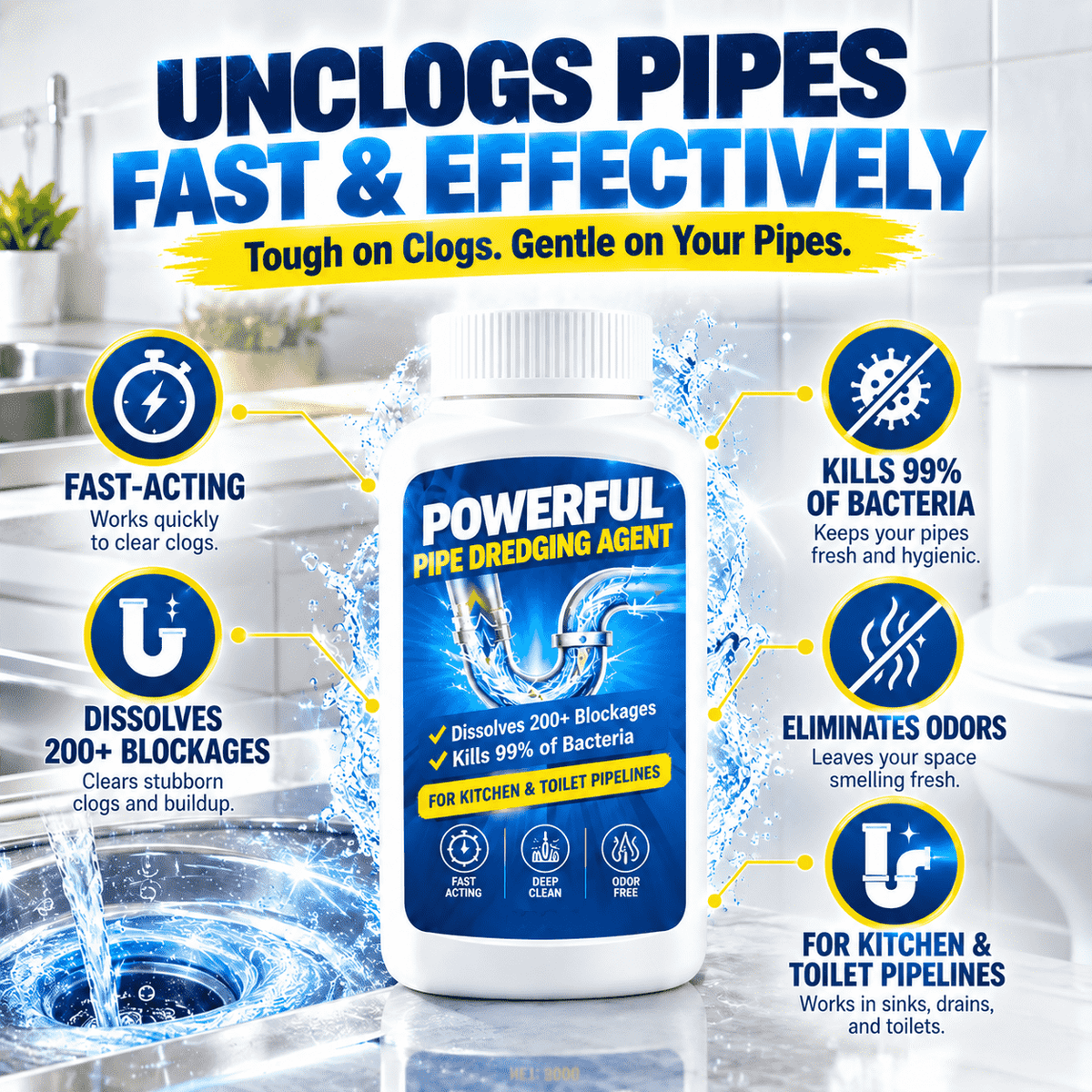 Powerful Pipe Dredging Agent for Kitchen and Toilet Pipelines - Dissolves 200+ Blockages and Kills 99% of Bacteria