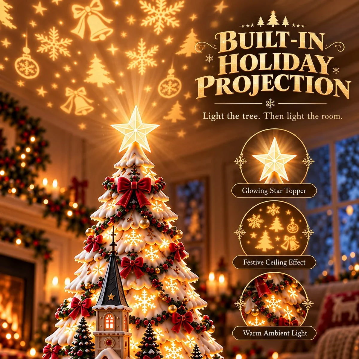 🎄 Magical Christmas Village Projection Centrepiece – 2 Festive Scenes -up