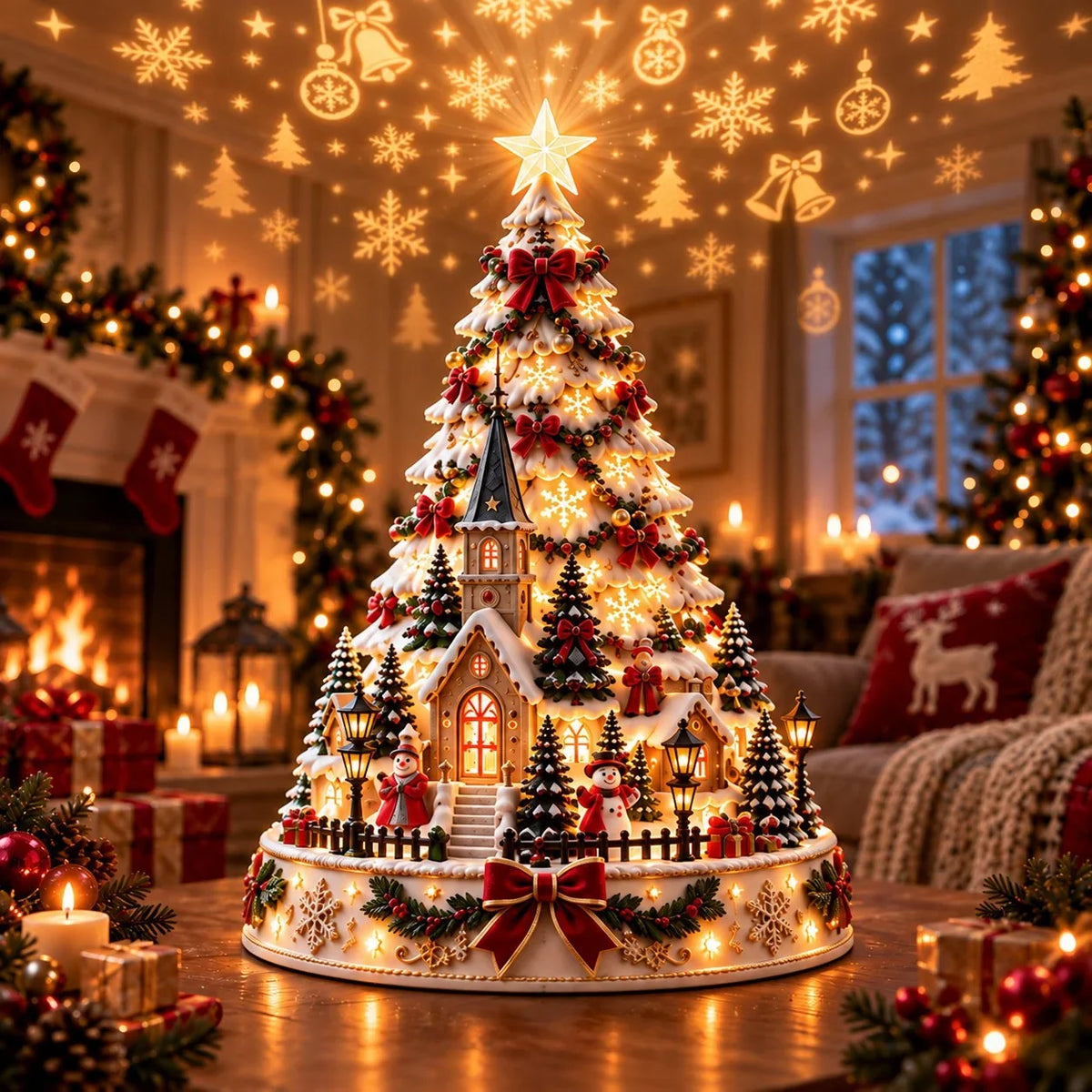 🎄 Magical Christmas Village Projection Centrepiece – 2 Festive Scenes -up
