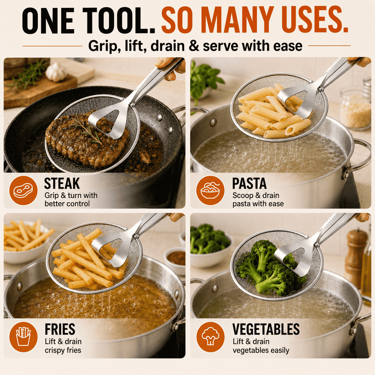 2-in-1 Stainless Steel Strainer Tongs – Fine Mesh Kitchen Tongs for Frying, Boiling & Draining✨✨