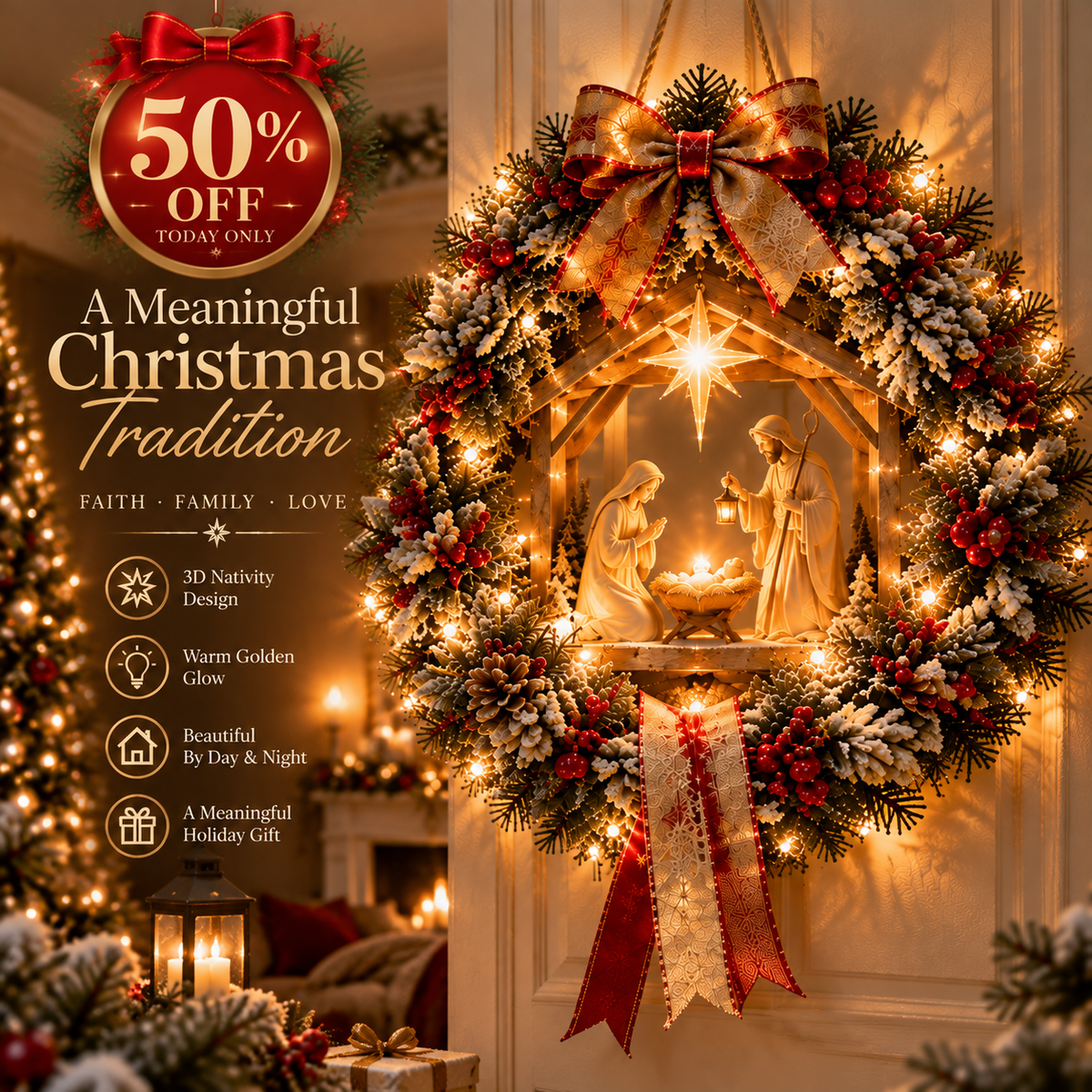 ✨Last Day 50% OFF✨Heavenly Nativity Light Wreath – Bring the Christmas Story Home with Warm Golden Glow