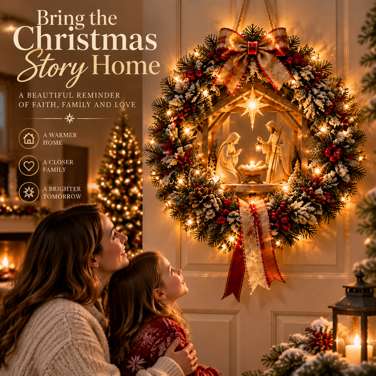 ✨Last Day 50% OFF✨Heavenly Nativity Light Wreath – Bring the Christmas Story Home with Warm Golden Glow