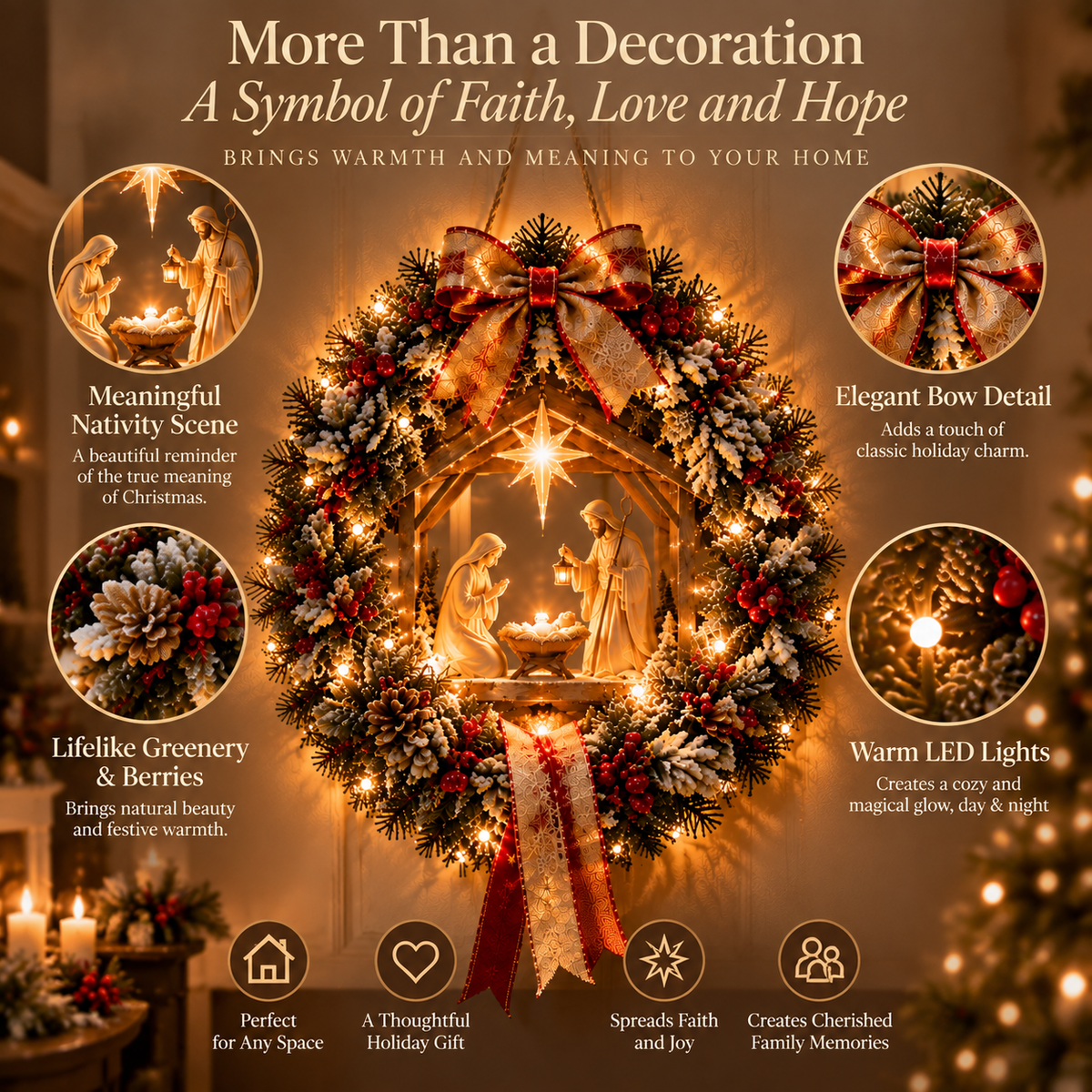 ✨Last Day 50% OFF✨Heavenly Nativity Light Wreath – Bring the Christmas Story Home with Warm Golden Glow