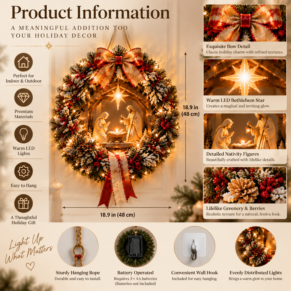✨Last Day 50% OFF✨Heavenly Nativity Light Wreath – Bring the Christmas Story Home with Warm Golden Glow