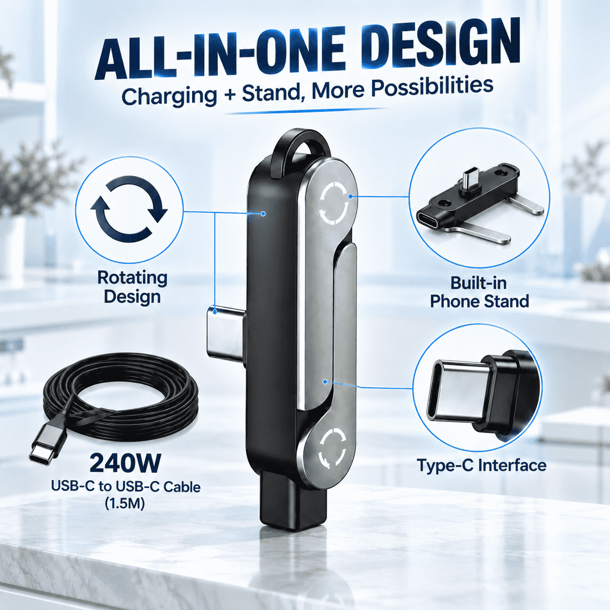⚡ 240W 2-in-1 USB-C Fast Charging Cable with Rotating Phone Stand