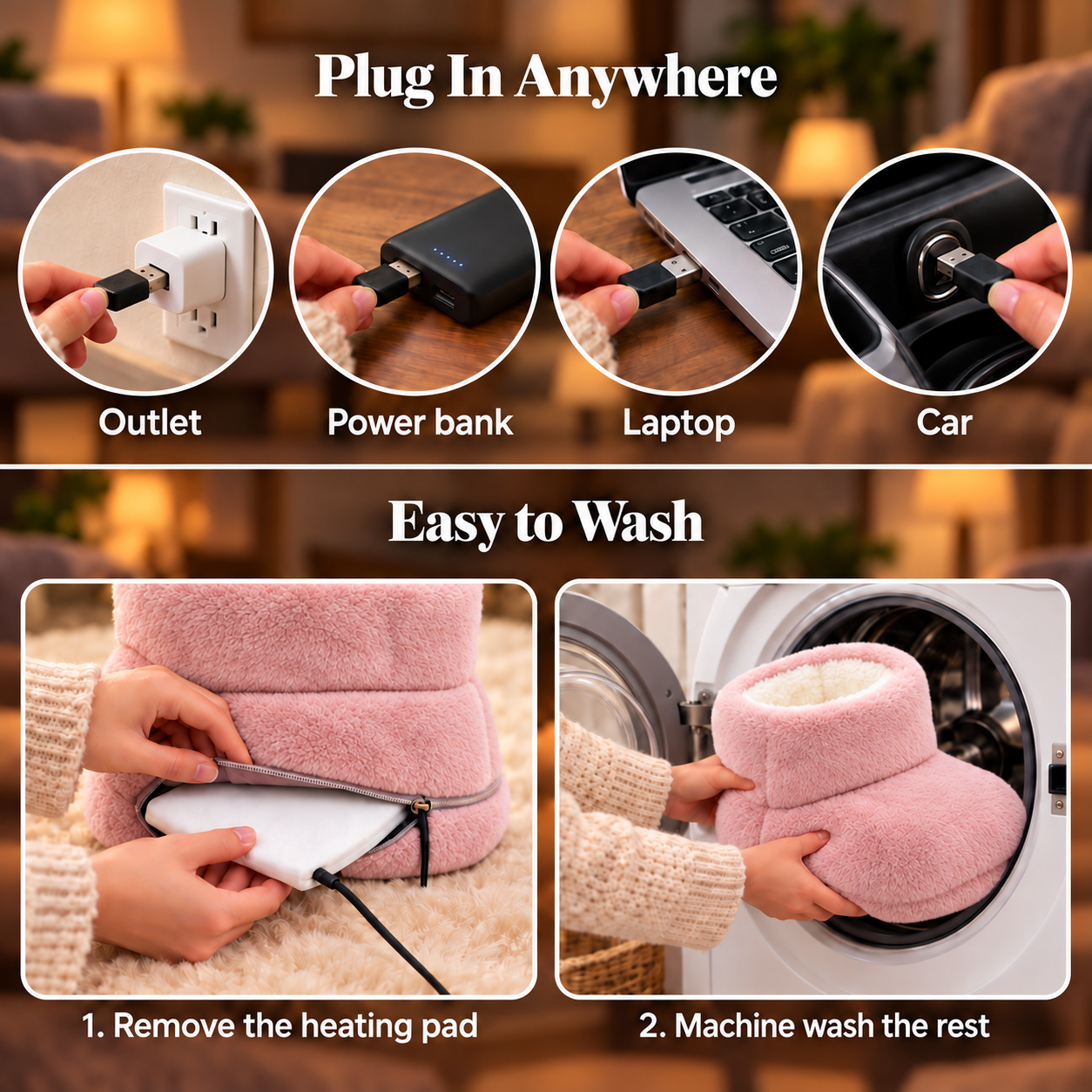 USB power options and removable heating pad for washing the foot warmer cover