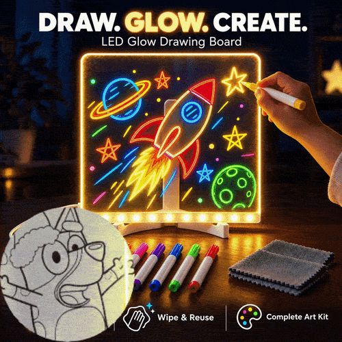 Kids’ LED Glow Drawing Board – Reusable DIY Art Kit with 7 Color Pens, Wipe Cloth & Stand