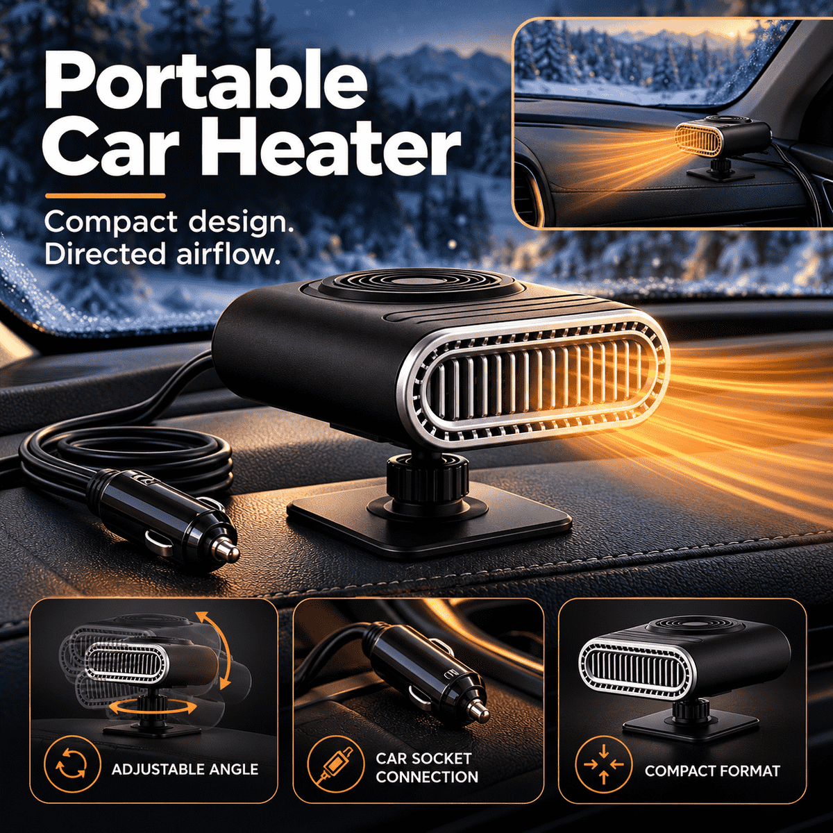 Portable Car Heater – Fast Windshield Defrost & Defog ✨
