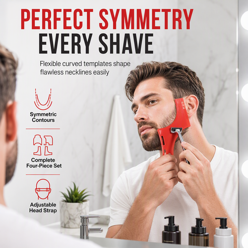 ❤️Red 4-Piece Beard Shaping Tool and Hair Styling Comb Set with Neckline Hair Trimming